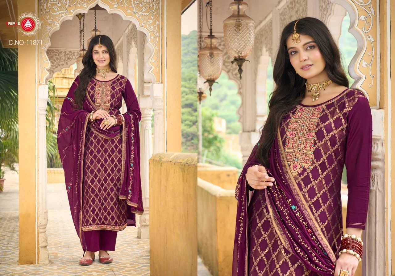 Triple Aabha Viscos Muslin Jacquard Wholesale Fancy Salwar Suit Catalog — Wholesale Salwar Suits, MPA wholesale from Surat - Gallery Image 3